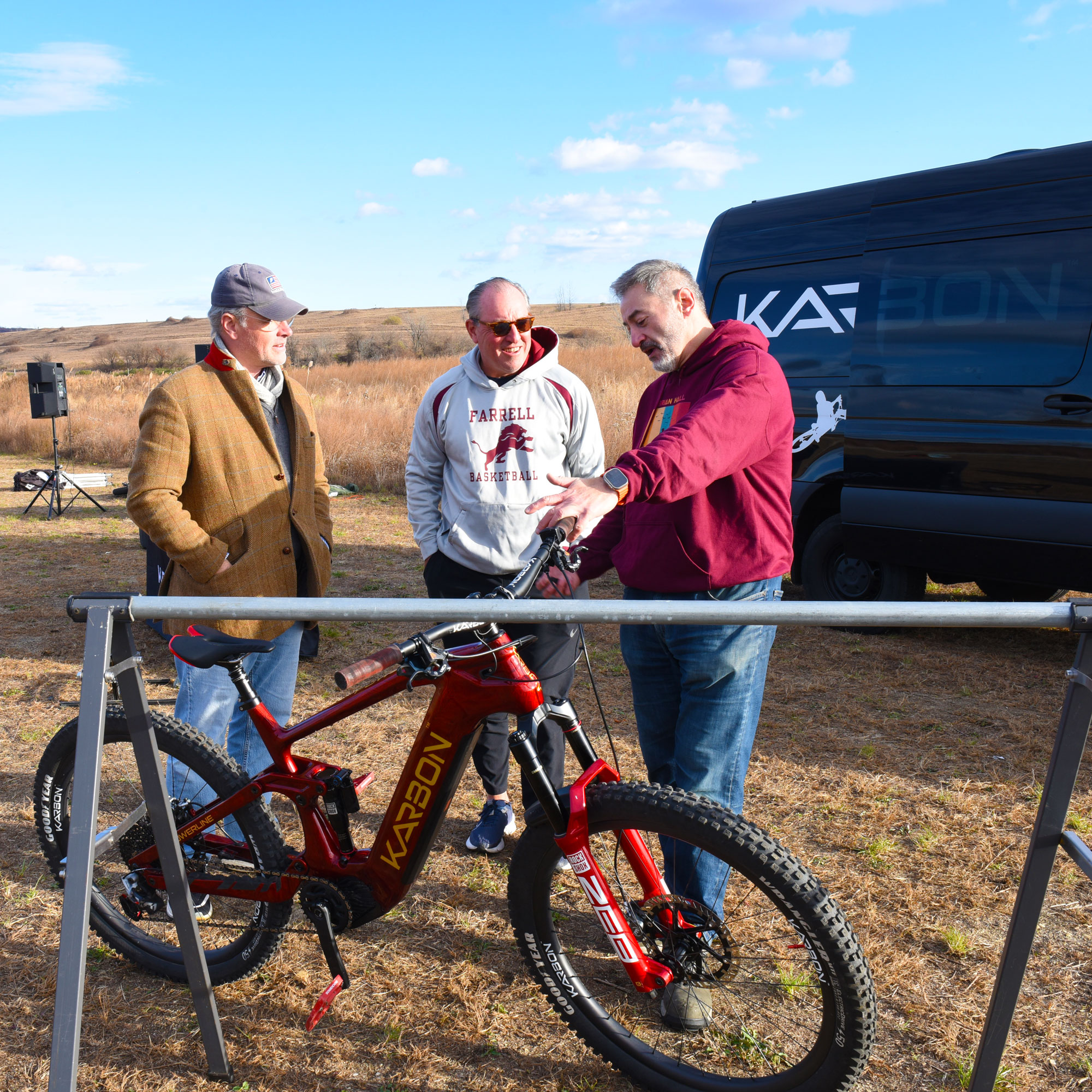 Staten Island Borough President Vito Fossella, Freshkills Park Administrator Mark Murphy and Karbon Bikes Founder Tarek Tabbara discussing the mental health benefits of mountain biking.