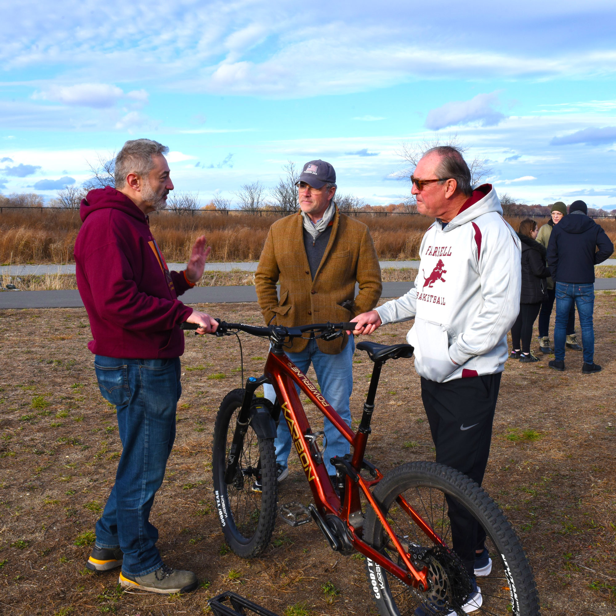 Staten Island Borough President Vito Fossella, Freshkills Park Administrator Mark Murphy and Karbon Bikes Founder Tarek Tabbara discussing the mental health benefits of mountain biking.